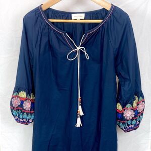 MelloDay Embroidered Floral Blue Tunic Peasant Boho Ballon Sleeve Shift Dress S